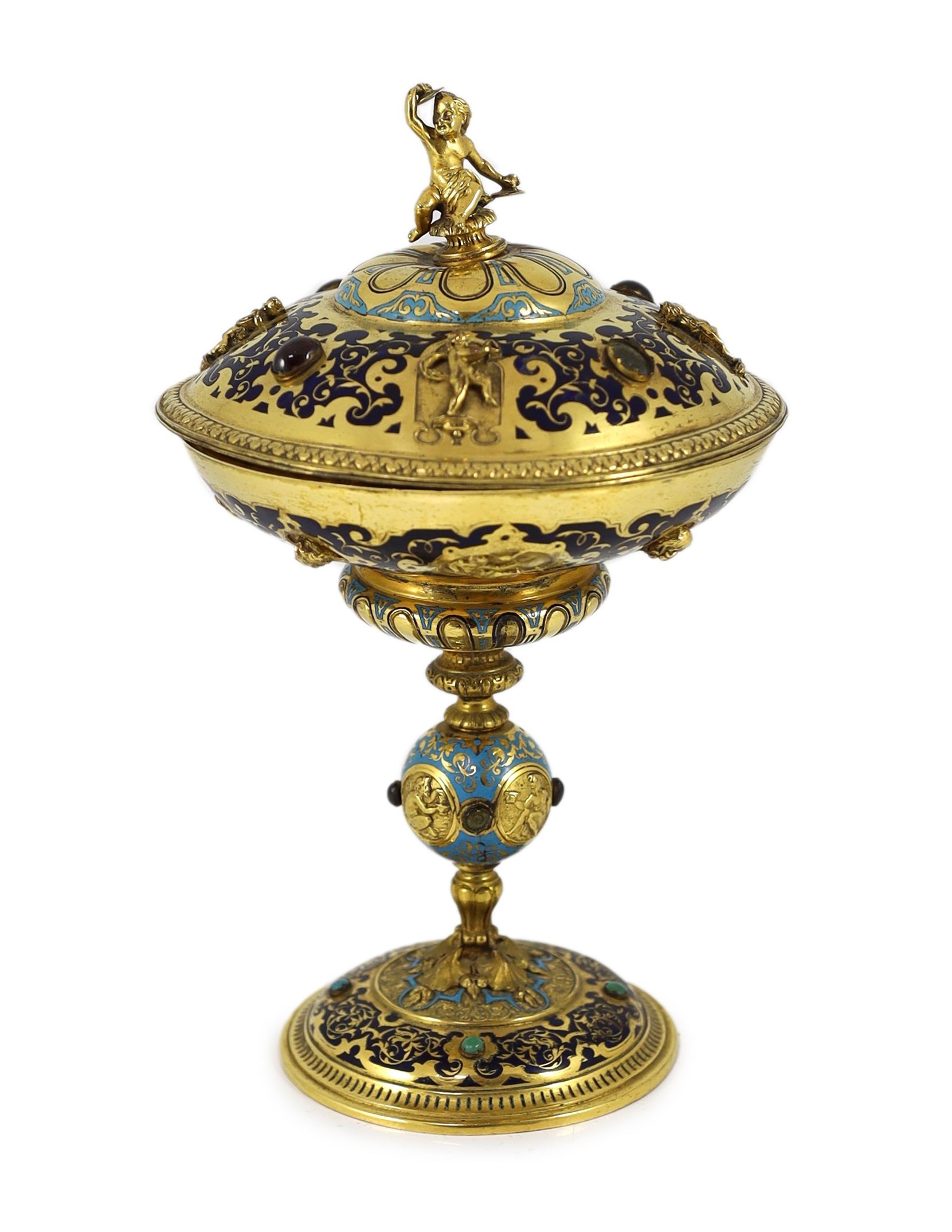 A Victorian enamel and gilt metal pedestal cup and cover in the Renaissance style, Elkington & Co, circa 1880, 24cm high, 14.5cm diameter.